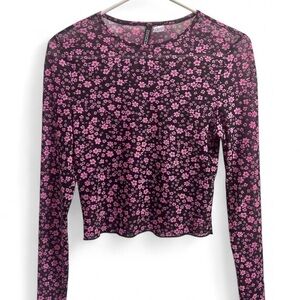 H&M Pink and black sheer floral long sleeve crop top